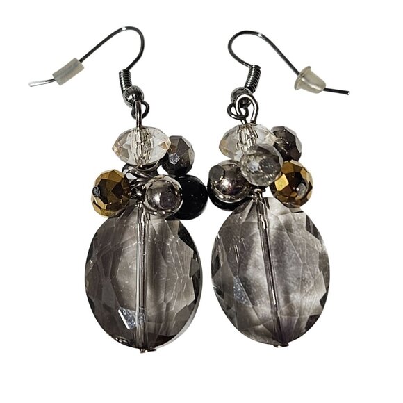 Elegant Retro Faceted Beaded Dangle Earrings Smoky Gray Gold Accents Jewelry - Picture 1 of 3
